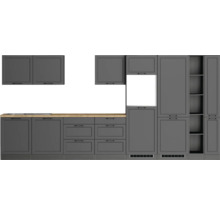 Graue Einbauküche mit Arbeitsplatte aus Holz