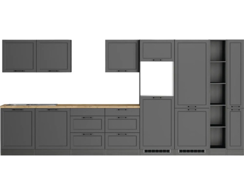 Küchenblock Held Möbel Lübeck 420 cm grau matt/graphit Graue Einbauküche mit Arbeitsplatte aus Holz