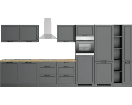 Graue Küchenzeile mit Dunstabzugshaube, Spüle, Herd, Backofen und Schränken