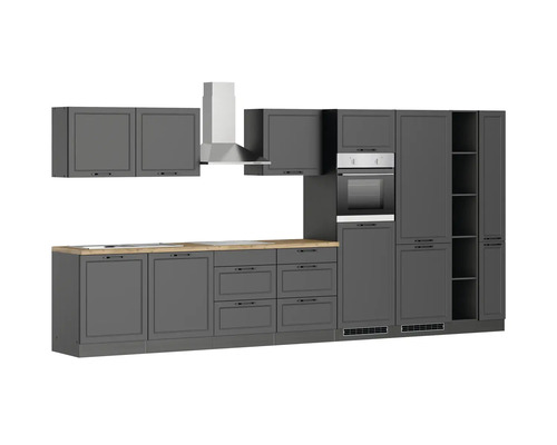 Komplette graue Küche mit Dunstabzugshaube, Herd und Spüle