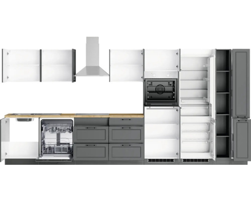 Graue Küche mit Spüle, Geschirrspüler, Herd, Dunstabzugshaube und Kühlschrank