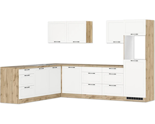 Winkelküche Held Möbel Lübeck 300 cm grau matt/graphit Küchenzeile mit Unterschränken, Schubladen und Hängeschränken in Holzoptik und mit weißen Fronten