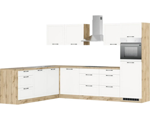 Einbauküche mit weißen Fronten und hellem Holzdekor