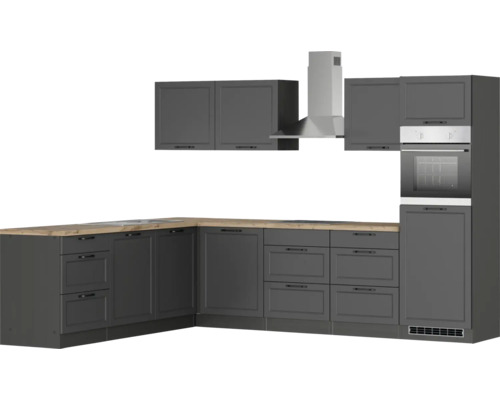 Komplette Küche mit Hängeschränken, Dunstabzugshaube, Arbeitsplatte und Einbaubackofen