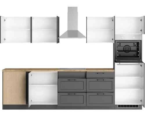 Küchenzeile mit Spülenunterschrank, Schubladen, Backofen und Dunstabzugshaube