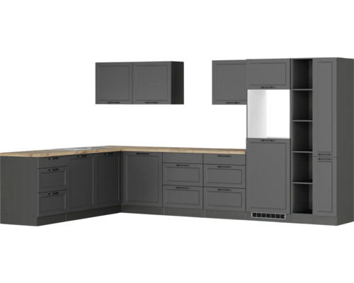 Graue Küchenzeile mit Unterschränken, Hängeschränken und Arbeitsplatte aus Holz