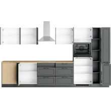 Küchenzeile mit Hängeschränken, Dunstabzugshaube, Schubladen und Einbaubackofen