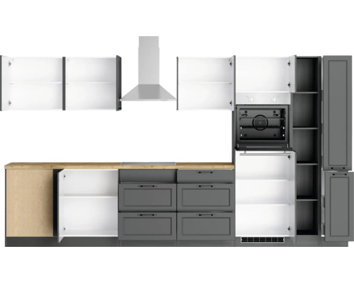 Küchenzeile mit Hängeschränken, Dunstabzugshaube, Schubladen und Einbaubackofen