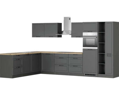 Komplette graue Einbauküche mit Elektrogeräten und Holzarbeitsplatte