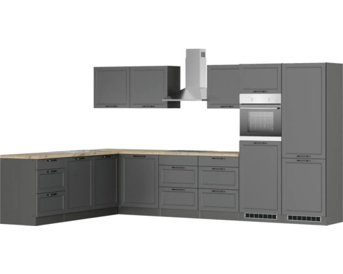 Graue Küchenzeile mit Hängeschränken, Dunstabzugshaube und Einbaubackofen