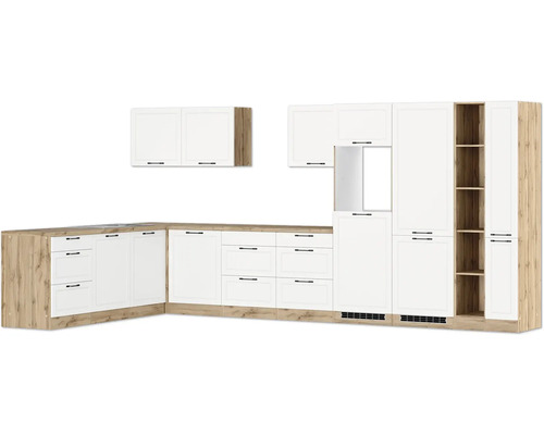 Moderne Küche mit weißen Fronten und Holzelementen