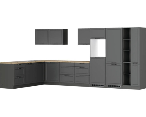 Küchenzeile mit Unterschränken, Arbeitsplatte und Hängeschränken