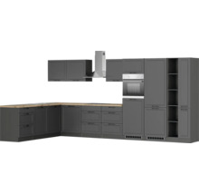 Komplette Küche mit Ober- und Unterschränken, Dunstabzugshaube und Backofen