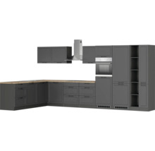 Graue Einbauküche mit Dunstabzugshaube und Elektrogeräten