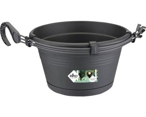 Blumenampel-Set elho Green Basics Kunststoff Ø 28 H 18 cm schwarz inkl. Halterung Grauer Pflanztopf mit integriertem Untersetzer und Aufhängesystem