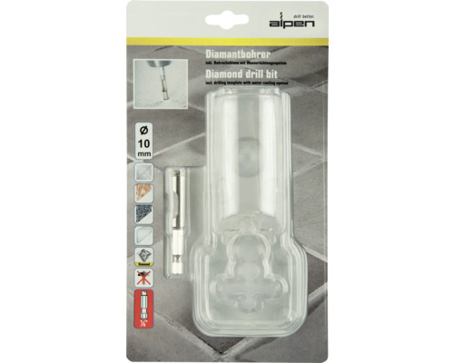 Alpen Diamantbohrer mit Bohrschablone und Wasserkühlung, Durchmesser 10 mm