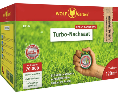 Rasensamen WOLF-Garten Nachsaat Turbo 2,4 kg / 120 m² Wolf Garten Turbo-Nachsaat Rasensanierungspackung für circa 120 Quadratmeter