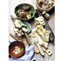 Verschiedene Pilzsorten in Schalen und auf einem Schneidebrett mit Pilzbürsten