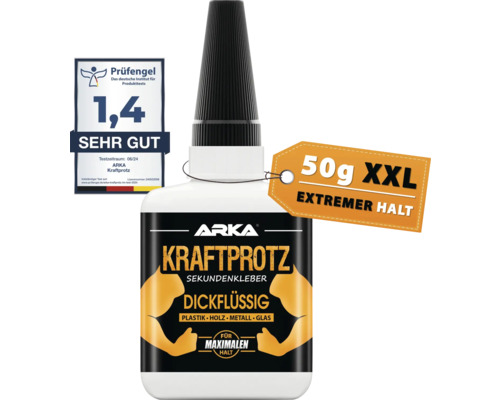ARKA Kraftprotz Sekundenkleber Universal dickflüssig 50 g Arka Kraftprotz Sekundenkleber 50g XXL, dickflüssiger Kleber für Kunststoff, Holz, Metall und Glas, mit Prüfzeichen