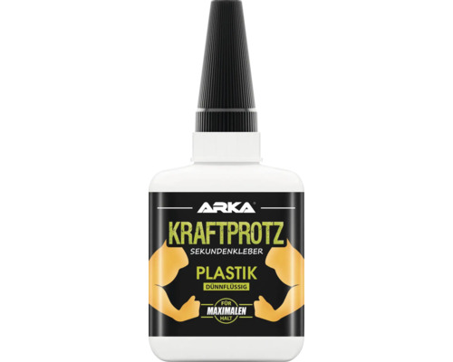 ARKA Kraftprotz Sekundenkleber Plastik dünnflüssig 50 g Kraftprotz Sekundenkleber für Kunststoff in einer weißen Flasche