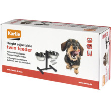 Karlie höhenverstellbarer Doppel-Napfständer in einer Verpackung mit einem Bild eines Dackels.