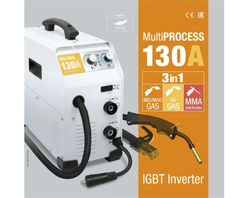 Multiprozess Schweißgerät 130A mit Inverter-Technologie für MIG/MAG, ohne Gas und MMA Elektrodenschweißen