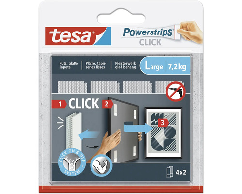 Tesa Powerstrips Click, große Klebestreifen zum Aufhängen von Gegenständen mit bis zu 7,2 Kilogramm Gewicht