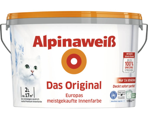 Eimer Alpinaweiß Innenfarbe mit zwei Liter Inhalt für circa 17 Quadratmeter