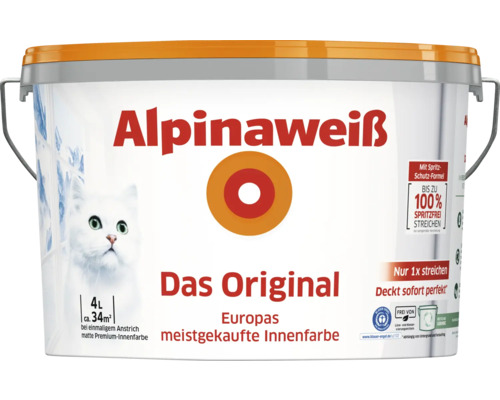 Alpinaweiß Wandfarbe Das Original Spritzfrei weiß 4 L Eimer Alpinaweiß Innenfarbe mit einer Reichweite von circa 34 Quadratmetern
