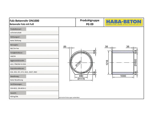 Technische Zeichnung eines Falz Betonrohrs DN1000 mit Fuß von Haba-Beton, Maße und Spezifikationen