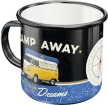 Schwarze Emailletasse mit Camping Away Motiv