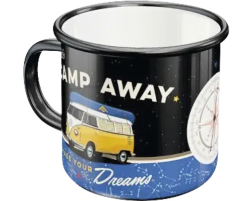 Schwarze Emailletasse mit Camping Away Motiv