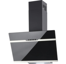 Schwarze Dunstabzugshaube mit Glasschirm und Bedienknöpfen.