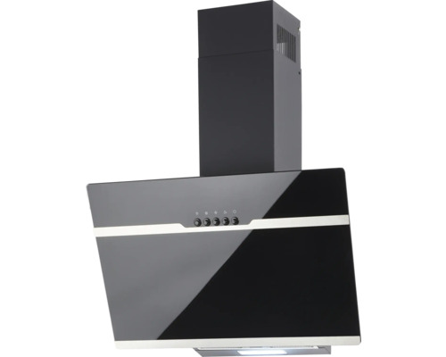 Schwarze Dunstabzugshaube mit Glasschirm und Bedienknöpfen.