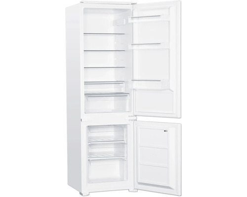 Geöffneter Kühl- und Gefrierschrank mit Regalen und Schubladen