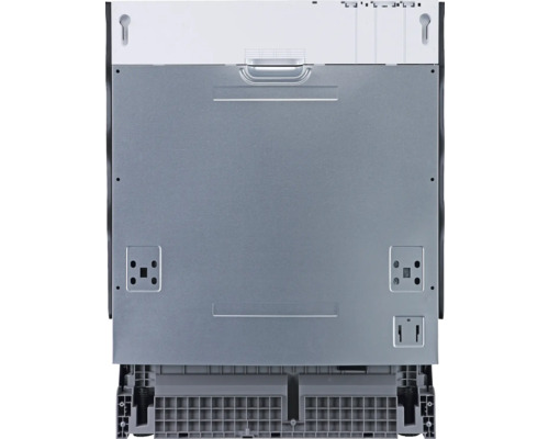 Rückansicht eines Geschirrspülers mit Details zu Anschlüssen und Befestigungen.