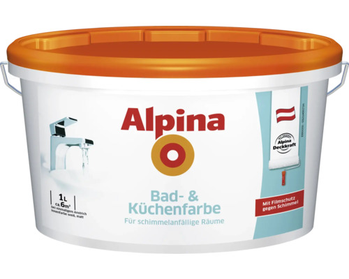 Alpina Bad- und Küchenfarbe im Eimer, 1 Liter, geeignet für schimmelgefährdete Räume