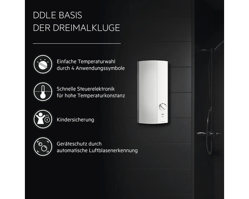 Elektronischer Durchlauferhitzer mit Funktionen wie Temperaturwahl, Steuerelektronik, Kindersicherung und Geräteschutz
