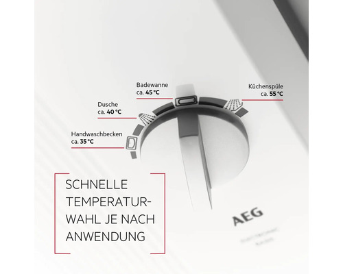 Nahaufnahme eines Temperaturreglers mit Voreinstellungen für Handwaschbecken, Dusche, Badewanne und Küchenspüle