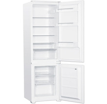 Geöffneter, weißer Kühlschrank mit Glasböden und Gefrierschubladen