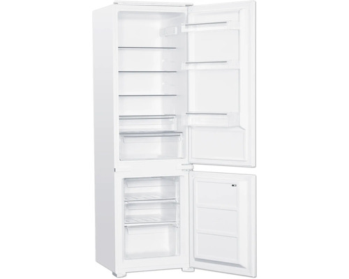 Geöffneter, weißer Kühlschrank mit Glasböden und Gefrierschubladen