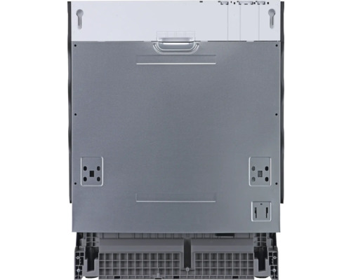 Rückansicht eines Geschirrspülers mit Details zu Anschlüssen und Befestigungspunkten