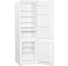 Geöffneter Kühlschrank mit Gefrierfach und Glasablagen