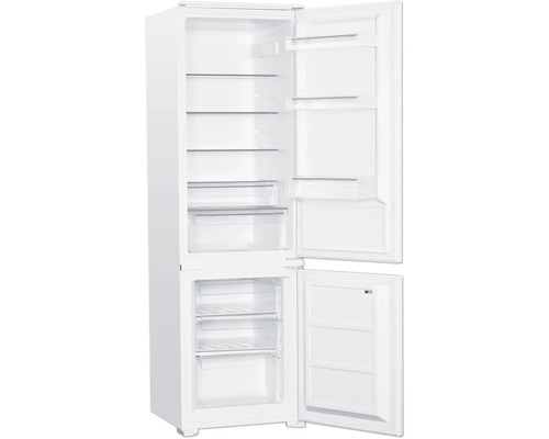 Geöffneter, weißer Kühlschrank mit Gefrierfach und mehreren Glasablagen