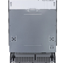 Rückansicht eines Geschirrspülers mit Details zu Anschlüssen und Befestigungen.