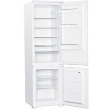 Geöffneter Kühlschrank mit Gefrierfach, Innenraum mit Glasböden und Schubladen