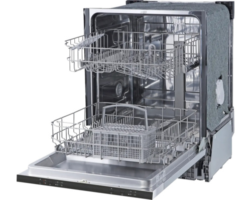 Geöffneter Geschirrspüler mit zwei Körben und Besteckkorb