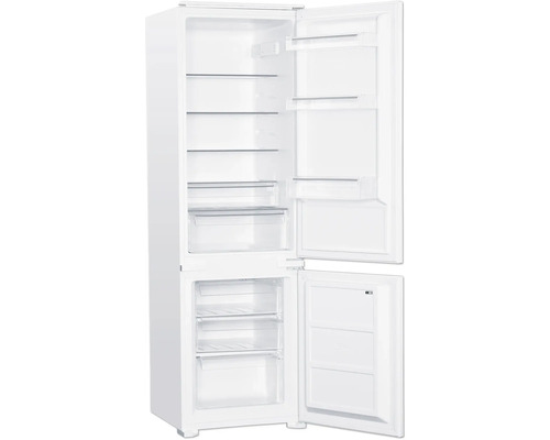 Geöffneter Kühlschrank mit Gefrierfach und Glasablagen