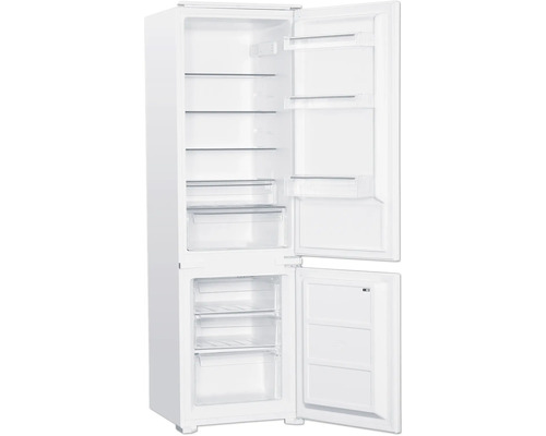 Geöffneter weißer Kühlschrank mit mehreren Regalen und Gefrierfach