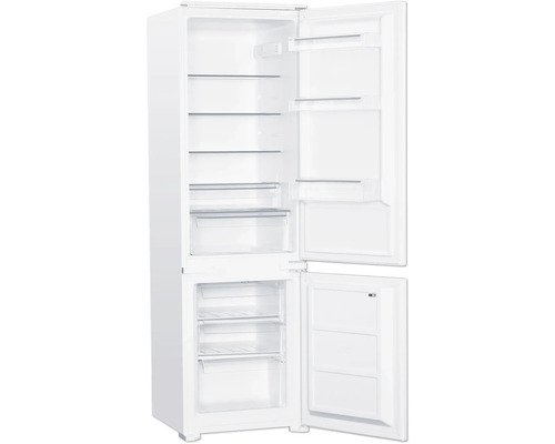 Offener, weißer Kühlschrank mit Regalen und Schubladen